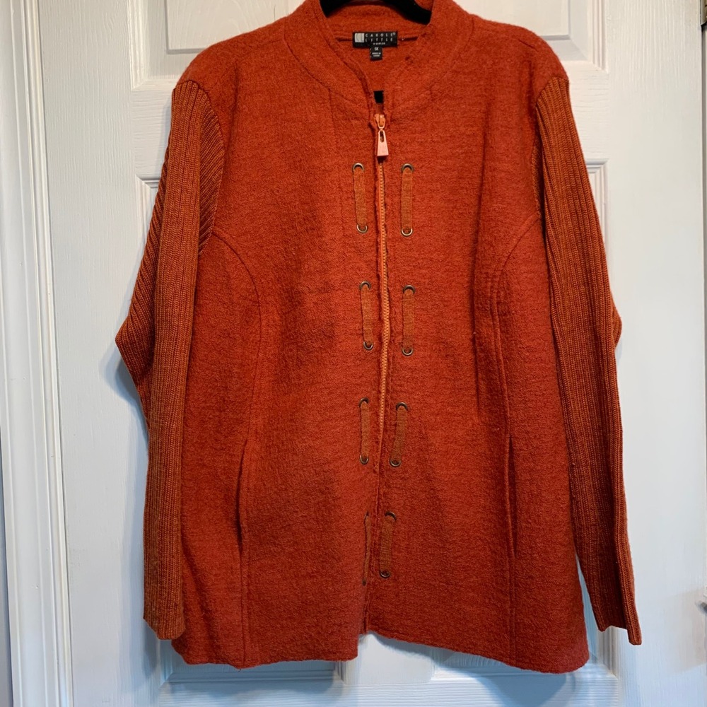 Carole Little Woman Jacket 1X Burnt Orange Wool Zip Front Ribbed Sleeve Artisan